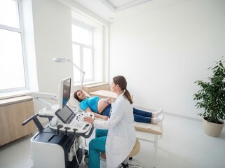 Obraz premium A doctor performs an ultrasound on a pregnant woman, top view