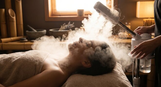 Woman receiving professional facial steam treatment at spa