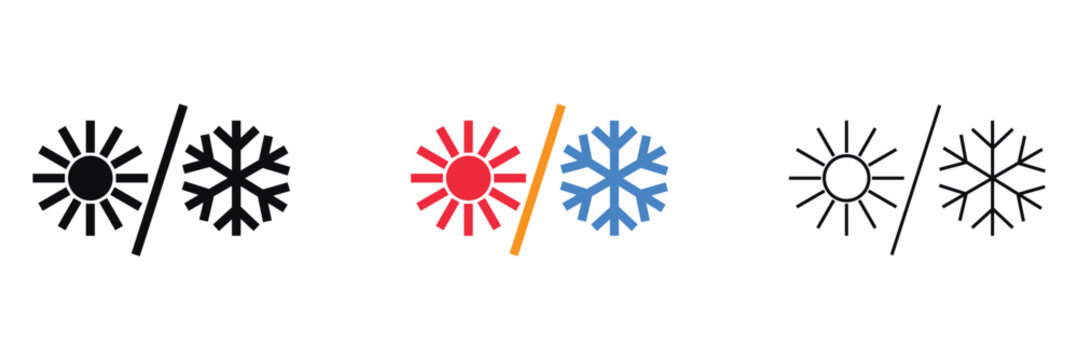 Heat and ice protection icons set in styles. Collection of fire and snowflake shield icons representing heat and cold protection, insulation, and temperature resistance in multiple design styles.