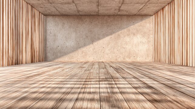 Interior space features wooden slatted walls and floor bathed in dramatic diagonal sunlight