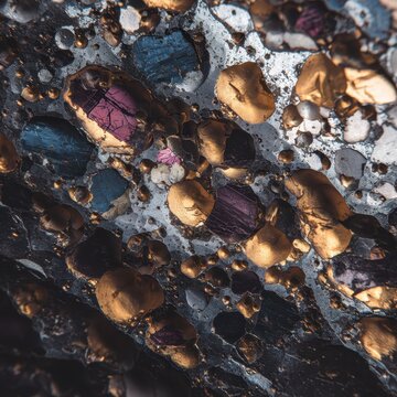 Microscopic abstract texture of colorful mineral crystals and gold-like fragments