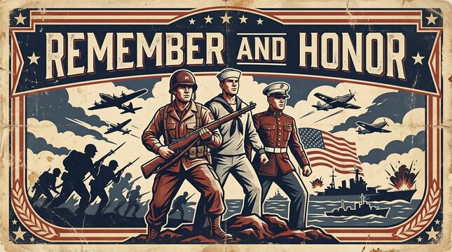 Vintage patriotic poster with Remember and Honor text featuring World War II soldiers, sailors, and marines with military planes and naval ships in a classic retro propaganda art style.