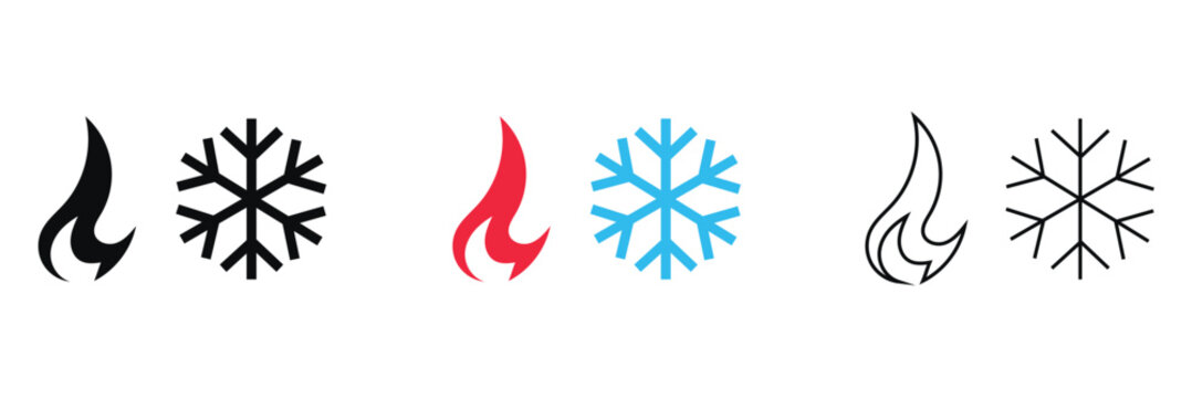 Heat and ice protection icons set in styles. Collection of fire and snowflake shield icons representing heat and cold protection, insulation, and temperature resistance in multiple design styles.