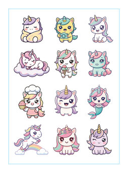 L&aacute;mina de stickers kawaii de unicornios en estilo chibi, colores pastel, ilustraci&oacute;n digital