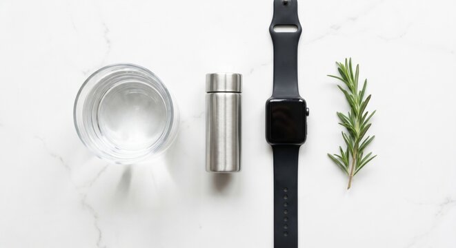 Biohacker morning routine with smartwatch and water on marble