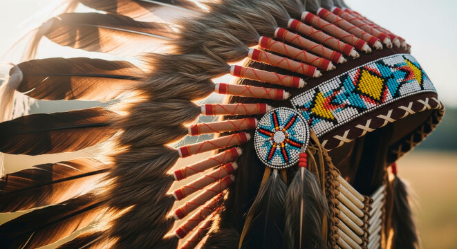 Native american chief headdress with eagle feathers and beaded headband. This sacred regalia illustrates indigenous history and traditional ceremonies of tribal leaders.