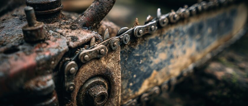 Close up of old rusty chainsaw