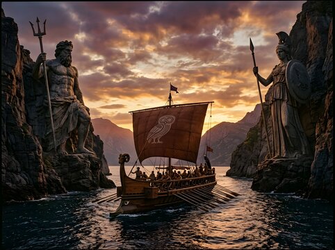 Ancient Greek Trireme Sailing Between Giant Statues of Poseidon and Athena.