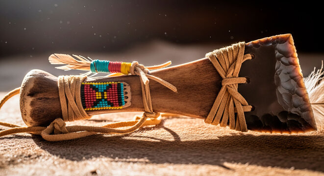 Traditional hide scraping tool with beaded decoration and stone blade on earth. This authentic implement illustrates indigenous technology and the historical process of leather preparation.