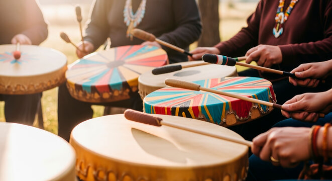 Traditional indigenous hand drum circle with people playing painted hide drums. This image captures the essence of community music and ceremonial rhythms during cultural celebrations.