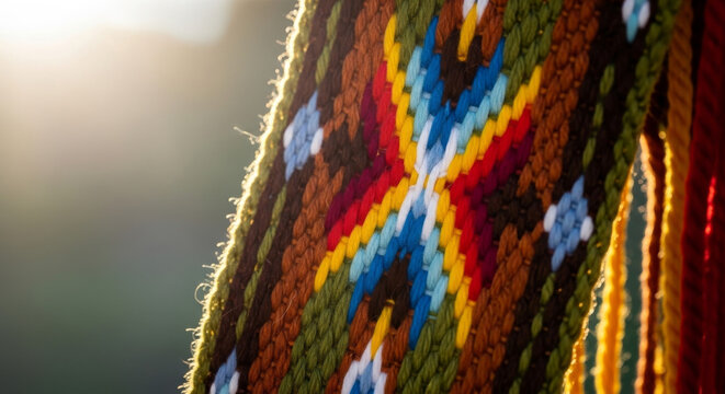 Traditional metis sash texture with vibrant woven threads in a diagonal pattern. This fabric detail represents Metis heritage and the history of the fur trade for cultural education.