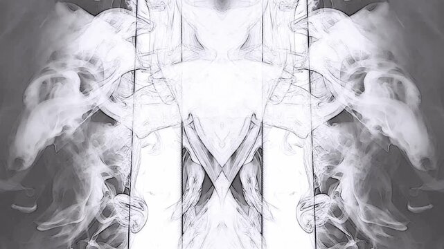 Symmetrical swirls of smoke form a mirrored pattern with a pencil sketch outline effect. Concept of psychology, Rorschach test, duality, mystery, and abstract artistic expression.