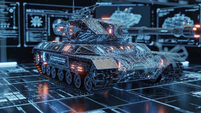 Futuristic tank wireframe in digital interface perfect for IT presentations and tech marketing