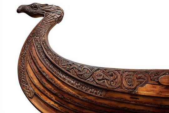 A captivating close-up of an ancient Viking ship with intricate carvings, showcasing the craftsmanship of a bygone era, with its detailed ornamentation, and evoking a sense of historical grandeur.