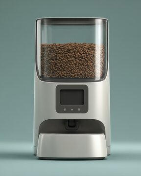 Modern automatic smart pet feeder with digital display filled with dry kibble food.