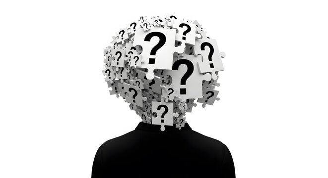unresolved questions concept, back view of a person with puzzle question marks covering the head