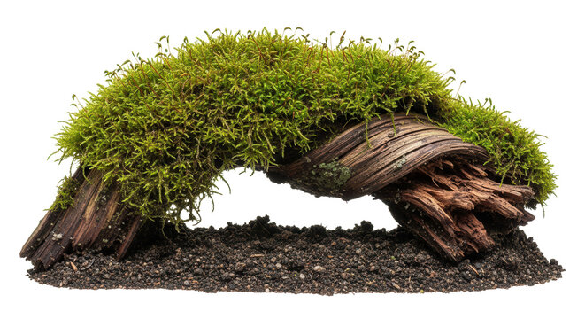 Fresh green moss on rotten branch and dirt isolated on white, side view, clipping pat