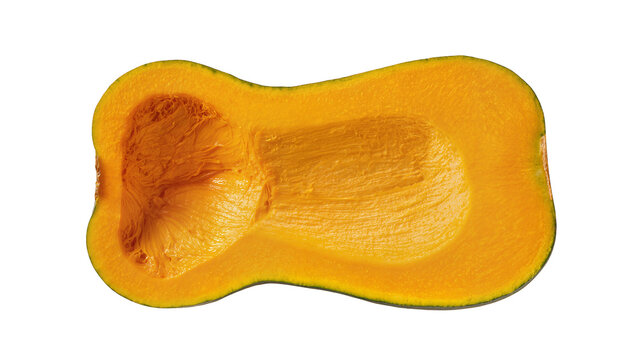 Isolated fresh raw cut butternut squash half displaying vibrant orange pulp and seed cavity