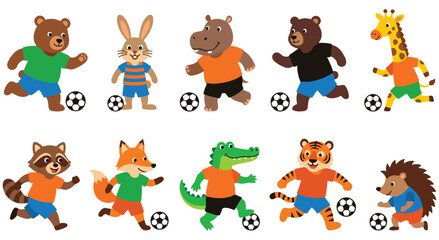 Obraz premium Set of cute animal football players in cartoon style. Funny characters like bear, rabbit, hippopotamus, giraffe, raccoon, fox, alligator, tiger, and hedgehog playing soccer in colorful uniforms.