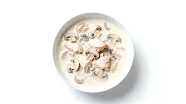 creamy chicken blanquette in white bowl with parsley garnish minimalist food styling
