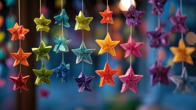 Colorful origami stars hanging festive decoration