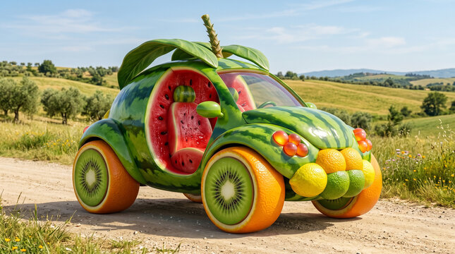 Surreale Albernheit Surreal Bl&ouml;dsinn Surreales Frucht-Auto aus Wassermelone und Kiwi in sommerlicher Landschaft. Surreal Bl&ouml;dsinn Auto auf dem Landweg im Feld 