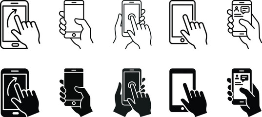 Smartphone interaction icons diverse hand gestures with mobile devices © JahirulIslam