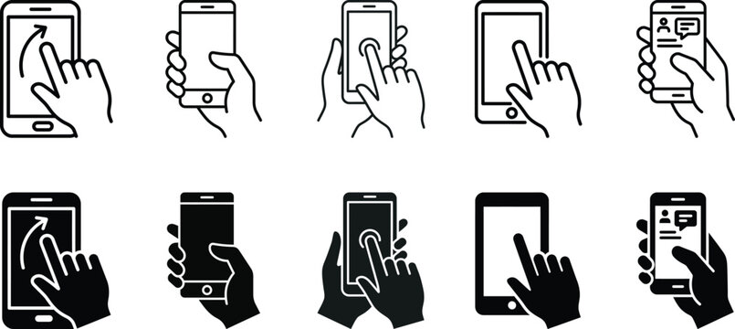 Smartphone interaction icons diverse hand gestures with mobile devices
