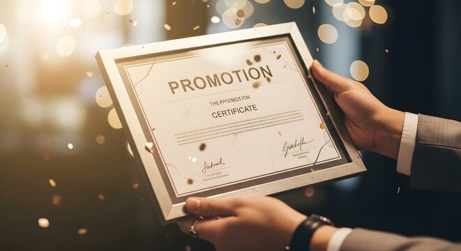 Hands holding a framed promotion certificate with confetti falling