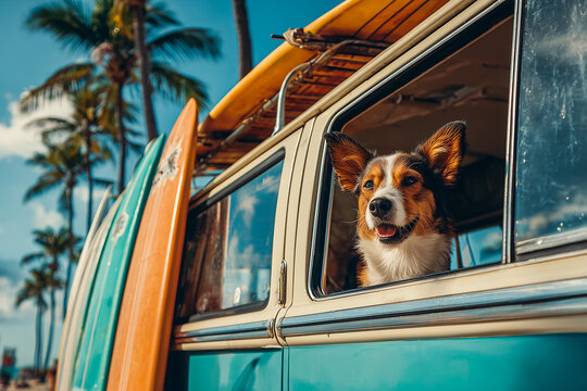 Cute dog looking at the window of a surfer vintage camper combi van, sunny road with palm trees, summer travel and surf