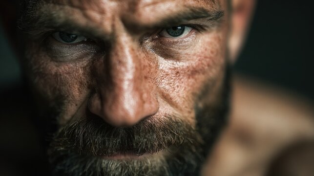 Close up of a bearded mans intense gaze
