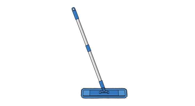 A complete long-handled floor mop with a bright blue microfiber pad angled diagonally across a pristine white background for easy commercial or residential usage.