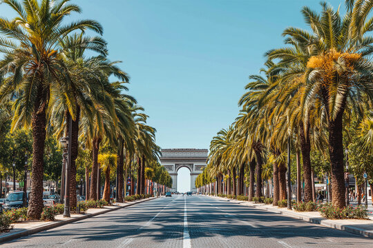 Imaginary view of the famous Champs ELys&eacute;es avenue in Paris lined with rows of palm trees, global warming and climate change concept in France and Europe
