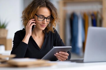 Fototapeta premium Startup owner checks messages while talking on the phone in her fashion office