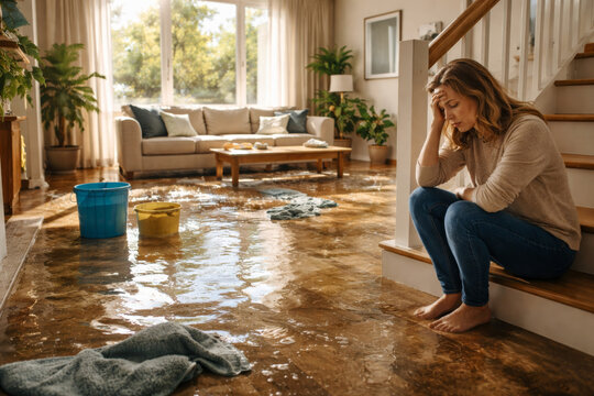 Woman distressed in flooded home with waterlogged floor and buckets
