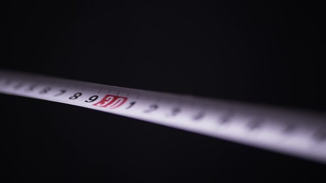 A white metric measuring tape with black and red numbers glides across a dark studio background. Concept of precision, construction planning, tailoring, and exact physical dimensions.