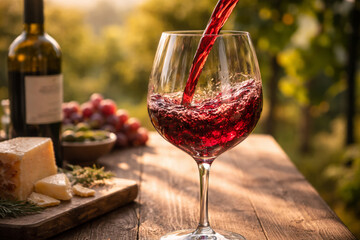 Naklejka premium Wine pouring into a glass with cheese and grapes nearby