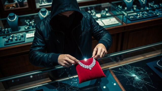 Man wearing a ski mask and hoodie stealing a valuable diamond necklace from a smashed jewelry store display. Jewel heist with criminal, theft.