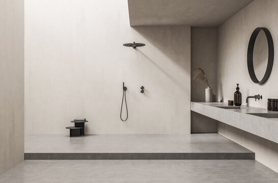Minimalist interior bathroom with modern fixtures shown in realistic style on neutral background, concept of serene architecture, 3D Rendering
