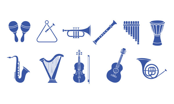 Flat outline musical instruments icon set in simple clean vector style.