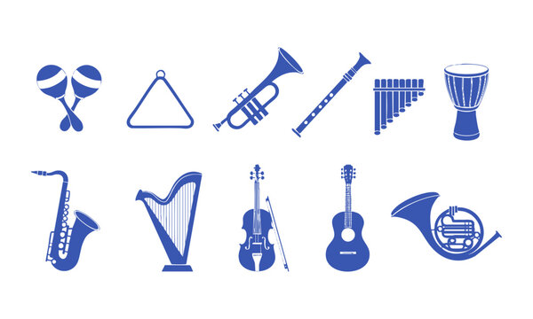 Simple clean musical instruments icon collection in flat vector style.