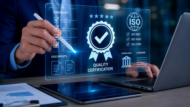 Businessman working on a laptop with digital checklist and quality badge icon, representing quality assurance, compliance audits, certification approval, document management, and business standards co