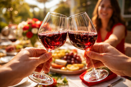 Toasting with red wine at a beautifully set outdoor dinner table