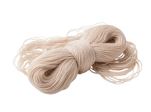 Isolated light beige natural cotton thread skein, unraveling yarn hank for craft and decor