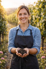 Naklejka premium Smiling woman holding soil in vineyard during golden hour