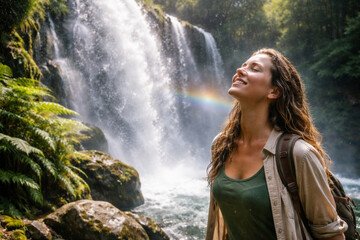 Naklejka premium Woman enjoying nature near a stunning waterfall with rainbow