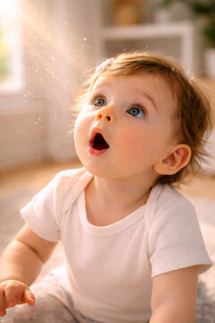 Baby with surprised expression looking up in bright room
