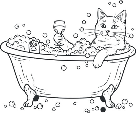Relaxed cat in a bubble bath with a glass of wine