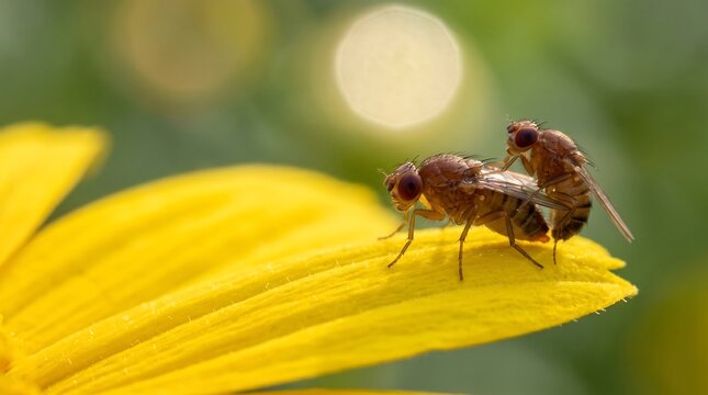 Extreme macro closeup of a black fly with detailed wings resting on a green leaf in a summer garden surrounded by nature and wildlife fauna