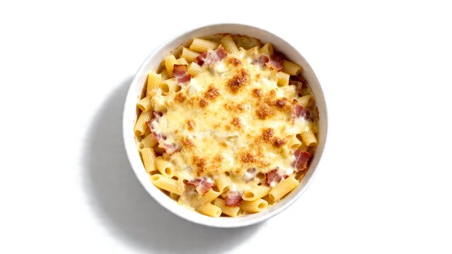 creamy french croziflette bake in white bowl on minimalist background